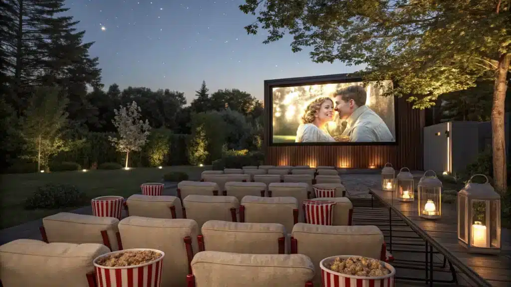 Une installation extérieure de style cinéma de plein air avec fauteuils, popcorn, et écran géant diffusant un film familial.