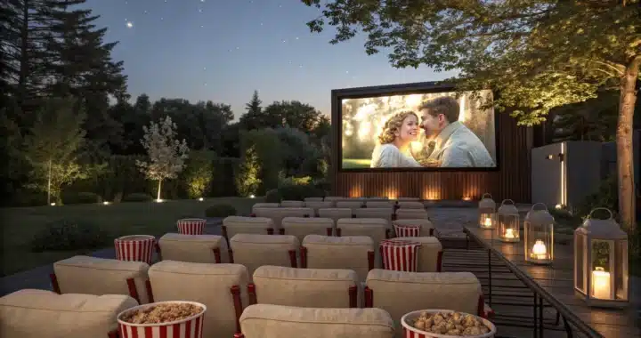 Une installation extérieure de style cinéma de plein air avec fauteuils, popcorn, et écran géant diffusant un film familial.